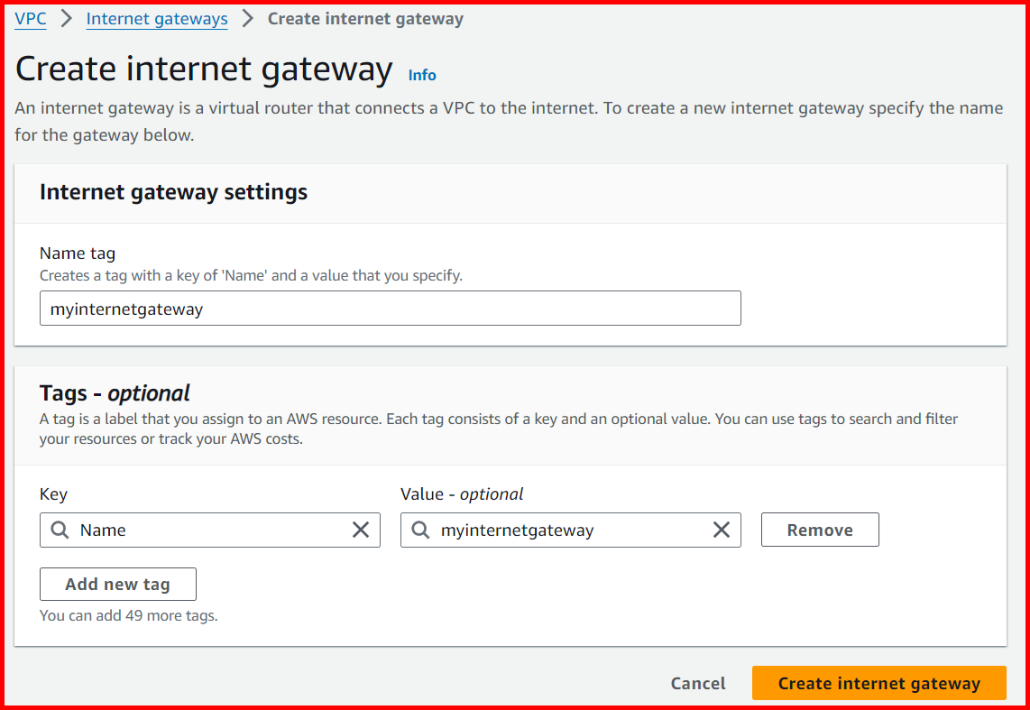 Picture showing the create internet gateway screen in AWS console